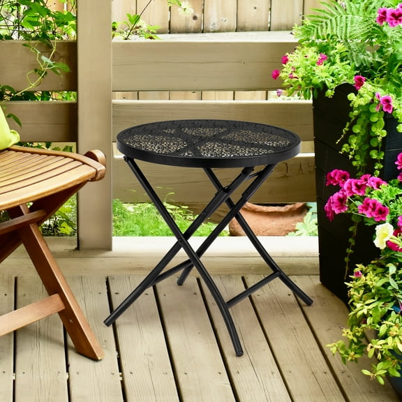 YKITRD Weather Resistant Iron Patio Side Round Outdoor End Table for Patio Yard, Black