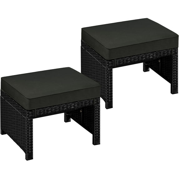 YKITRD Wicker Ottomans, Set of 2 Footrest with Removable Cushion, 2pcs PE Rattan Side Table Additional Seating Multipurpose Outdoor Furniture for Patio, Backyard, Black/Gray
