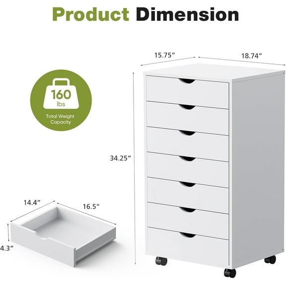 YKITRD Wooden Drawer Chest, 7 Drawers Optional, Anti-Toppling Design, Metal Slides + Universal Wheels, for Office/Home Storage​,White