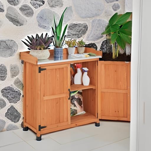 YKITRDGarden Potting Bench Table - Outdoor Garden Patio Wooden Storage Cabinet & Solid Wood Planting Work Bench with Large Space Storage & Metal-Plated Tabletop, Brown