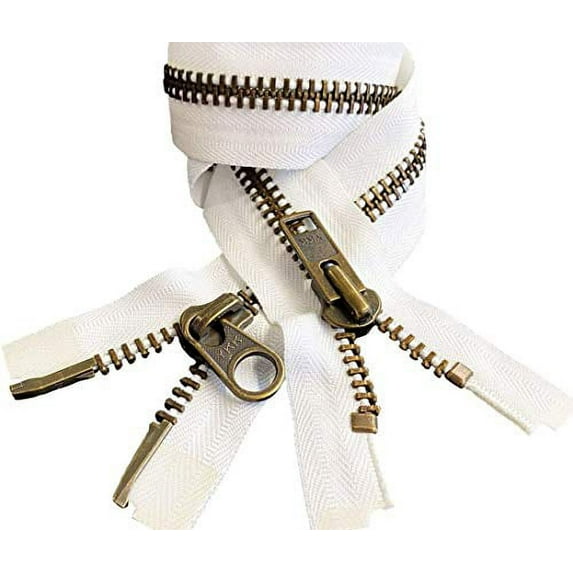 YKK #10 Extra Heavy Duty Antique Brass White Parka"2-Way" Dual Separating Jacket Zipper - Choose Your Length - Color: White #501 - Made in The United States (1 Zipper Per Pack) (28" Inches)