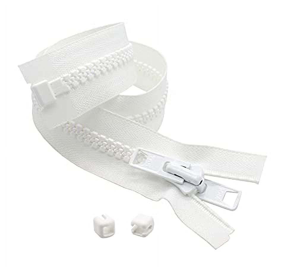 YKK #10 Vislon Molded Reversible 2 Heads Marine Zipper and 2 Snapcap Stoppers (100" Inches, White)