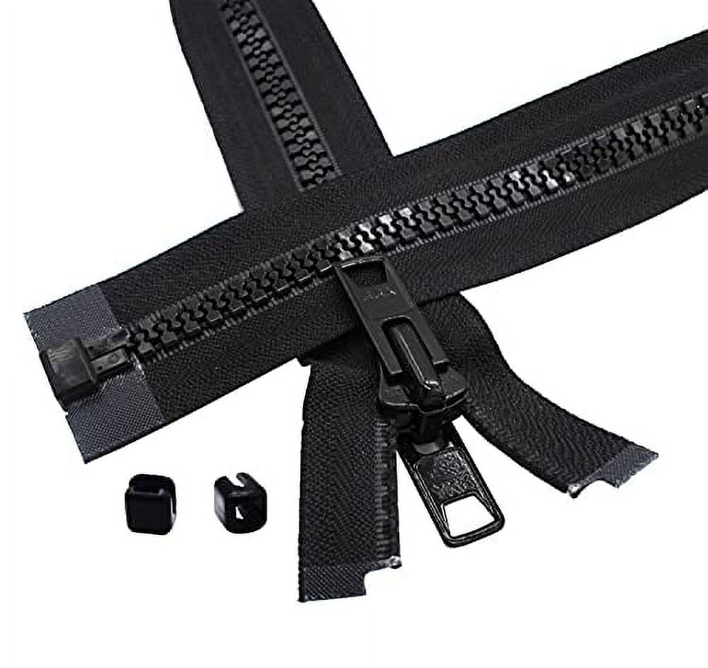 YKK #10 Vislon Molded Reversible 2 Heads Marine Zipper and 2 Snapcap Stoppers (150" Inches, Black)