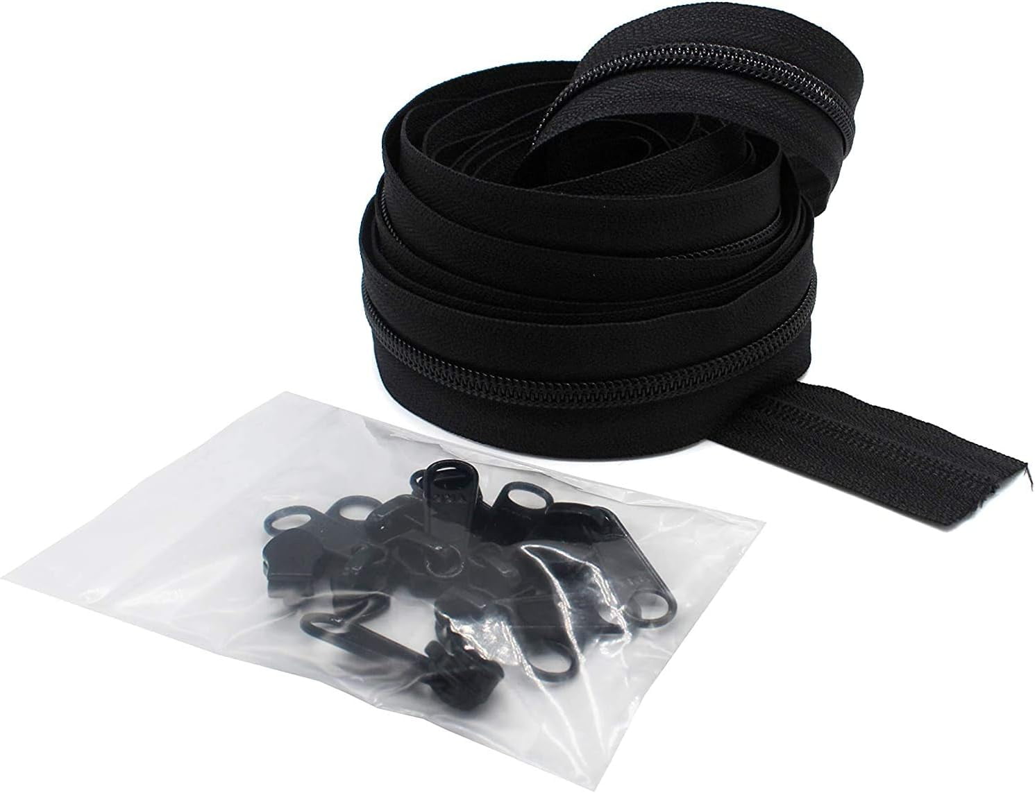 YKK Continuous Nylon Coil Black Zipper Chain Includes Black NonLocking Long Pulls With Bottom
