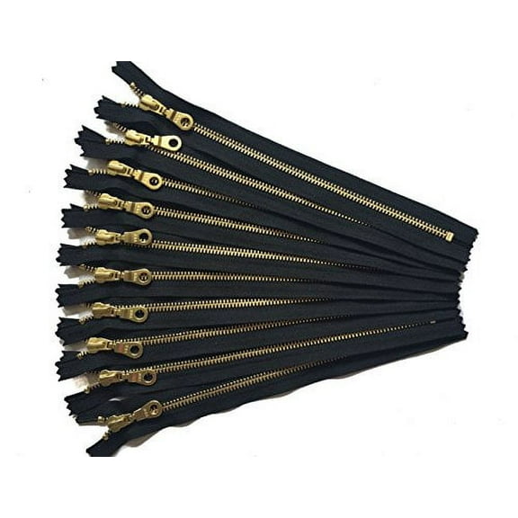 YKK Golden Brass Metal Zippers in Black with Donut pulls 8 Inch Number 5 Set of 10 Pieces by Craftbot