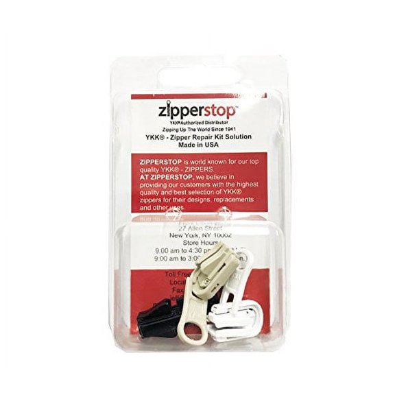 YKK Zipper Repair Kit Solution, 5 Molded Reversible Fancy Pulls Vislon Slider (Made in USA) Pack in Clamshell Box w/Hanger - 3 Pulls Per Pack (Black-White-Beige)