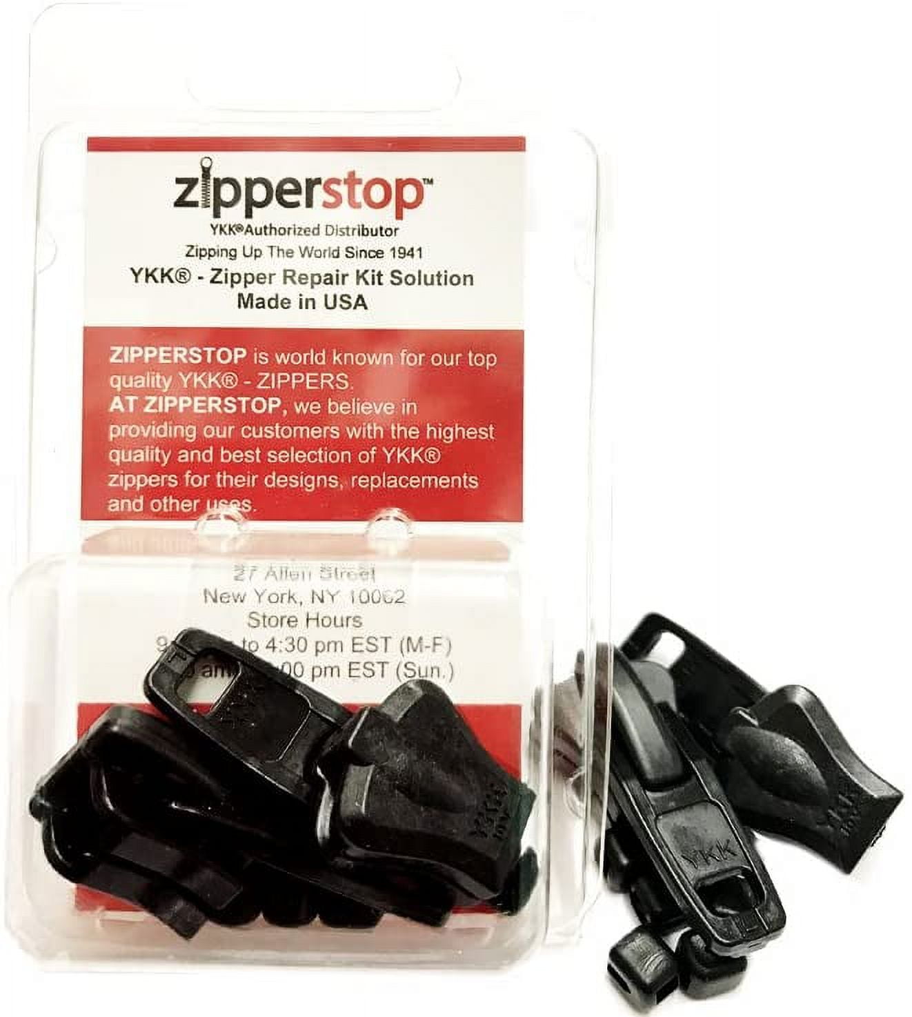YKK Zipper Repair Kit Solution Vislon #10 Slider/Pull Type Plastic - Top  Stoppers (Made in USA) in Clamshell Box w/Hanger (Automatic Lock, Black 2