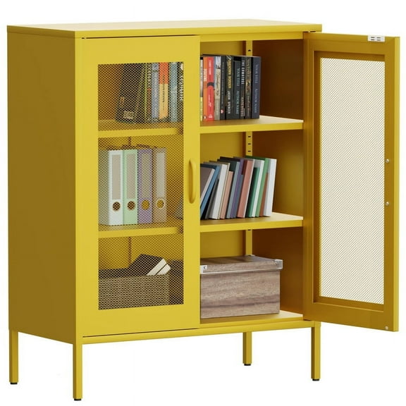 YLCW Yellow Metal Cabinet,Metal Locker Storage Cabinet with Mesh Doors and Shelves,3-Tier Office Cabinet,Metal Storage Cabinet,Liquor Cabinet,Sideboard for Home Office,Kitchen,Coffee Bar