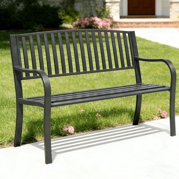 YLGJ&TIDY 50 Inches Garden Benches for Outdoor Patio with Stripe Pattern Backrest Armrest Weatherproof Park Benches Metal for Garden Park Porch Lawn Yard (BENCH08)