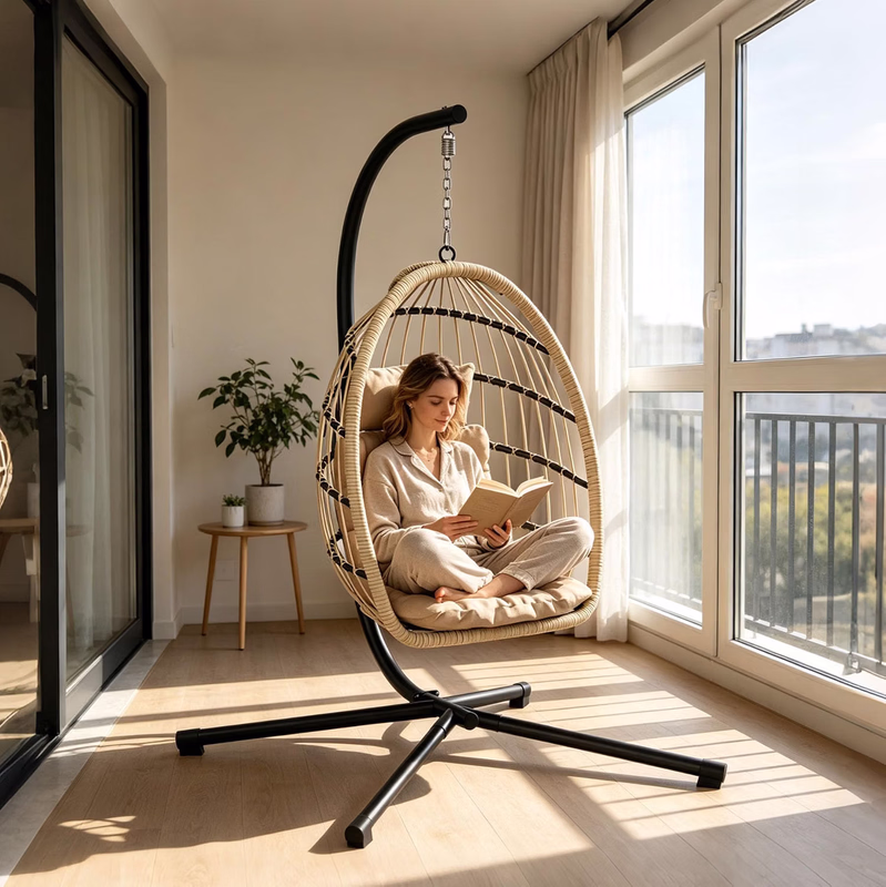 YLGJ&TIDY Hanging Egg Chair with Stand, Wicker Swing Chair with Cushions for Patio Porch,Brown