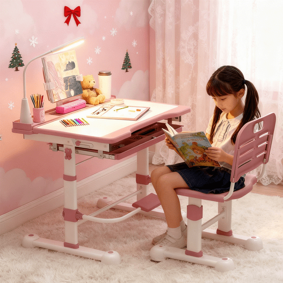 Kids Adjustable Desk & Chair Set with LED Light & Tilt Top, Study Table with Drawer & Bookstand, Pink