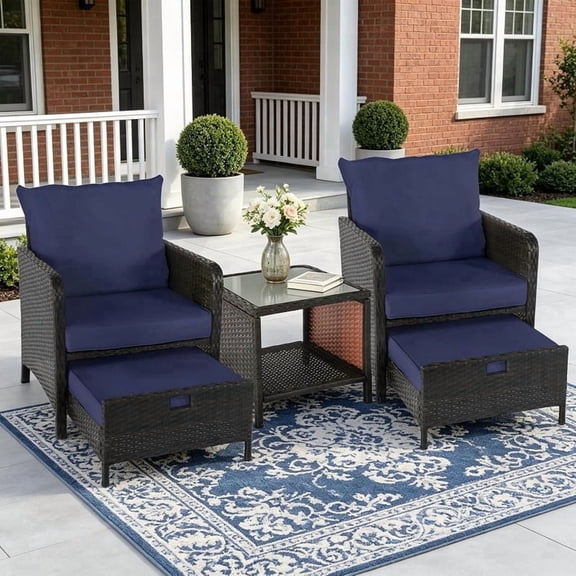 YLGJ&TIDY 5-Piece PE Wicker Patio Conversation Set with Pull-Out Ottoman, Soft Cushions and Glass Coffee Table for Porch Garden Balcony, Blue
