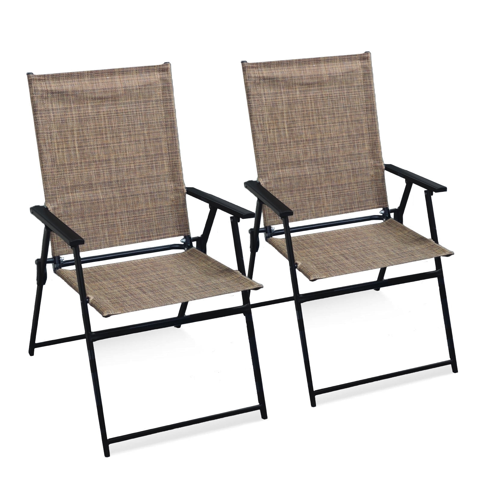 Set of 2 Outdoor Folding Chairs, Portable Patio Dining Chairs with Armrests & High Back, Sturdy Steel Frame for Garden, Lawn, Poolside, Camping (Brown)