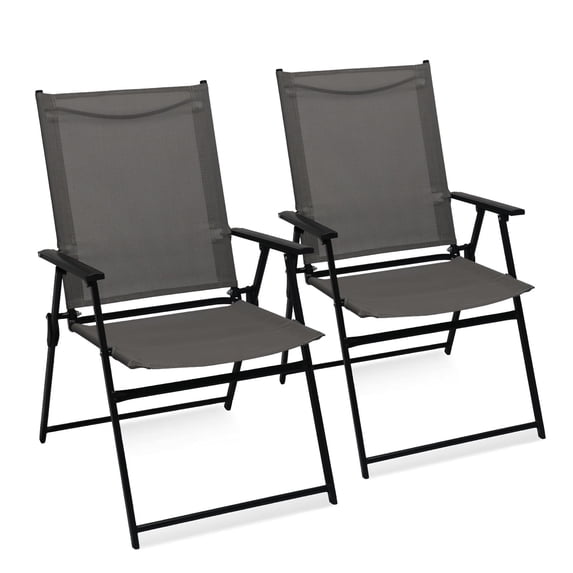 Set of 2 Outdoor Folding Chairs, Portable Patio Dining Chairs with Armrests & High Back, Sturdy Steel Frame for Garden, Lawn, Poolside, Camping (Gray)