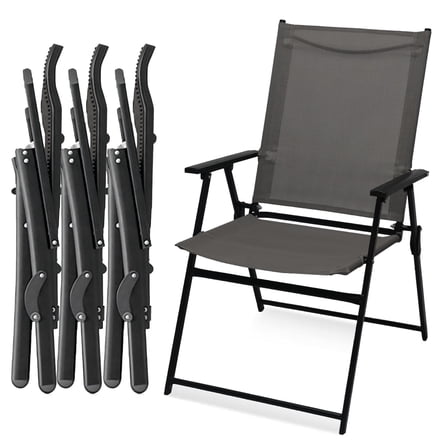 Set of 4 Outdoor Folding Chairs, Portable Patio Dining Chairs with Armrests & High Back, Sturdy Steel Frame for Garden, Lawn, Poolside, Camping (Gray)