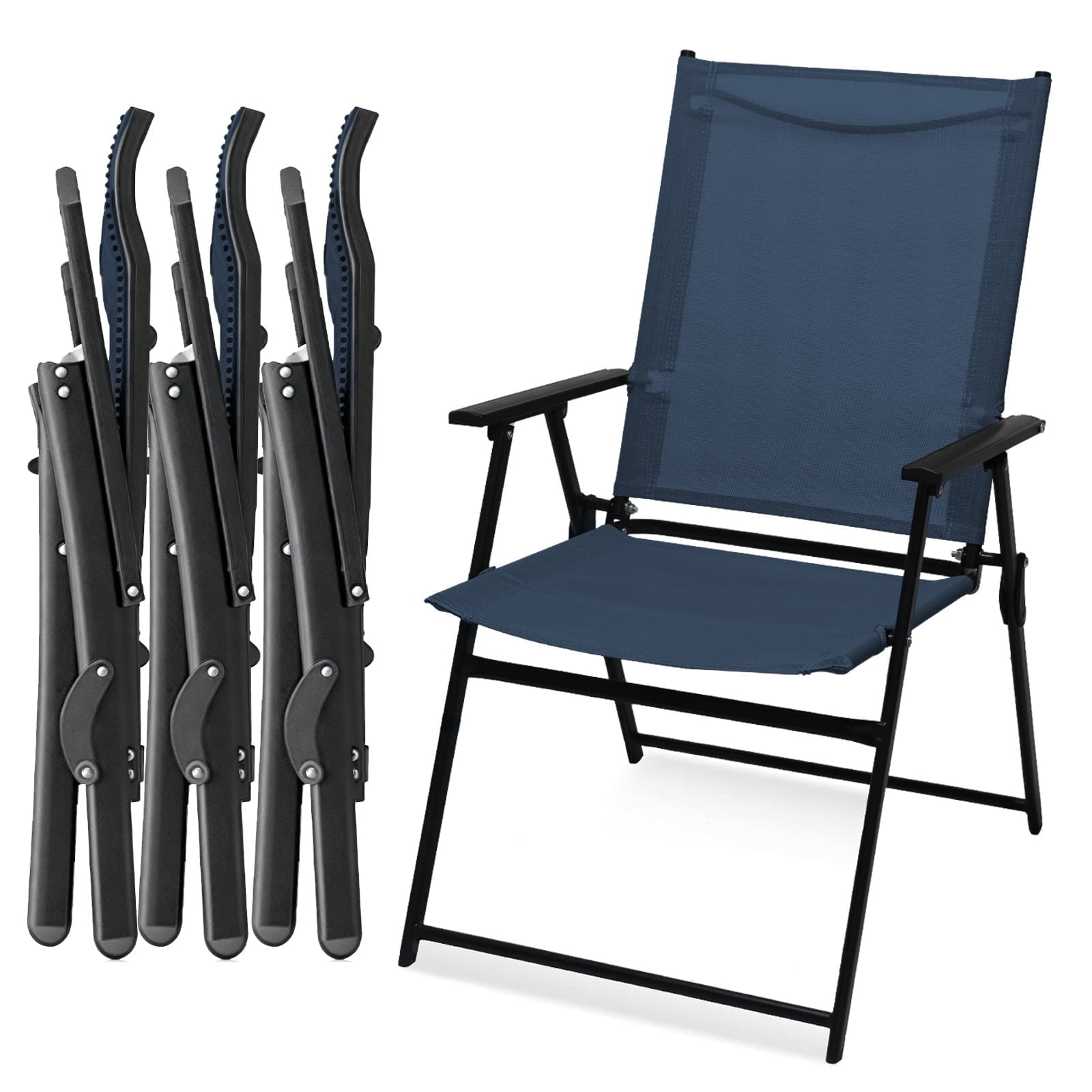 Set of 4 Outdoor Folding Chairs, Portable Patio Dining Chairs with Armrests & High Back, Sturdy Steel Frame for Garden, Lawn, Poolside, Camping (blue)