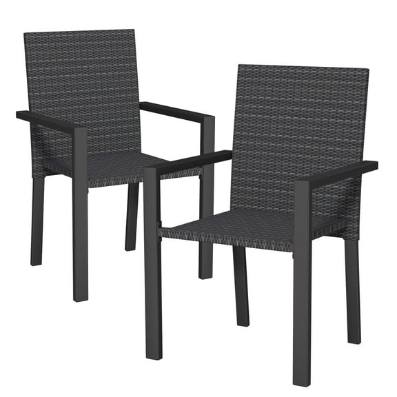 Set of 2 All-Weather Stackable Wicker Patio Chairs for Outdoor, Garden, Poolside (Black)