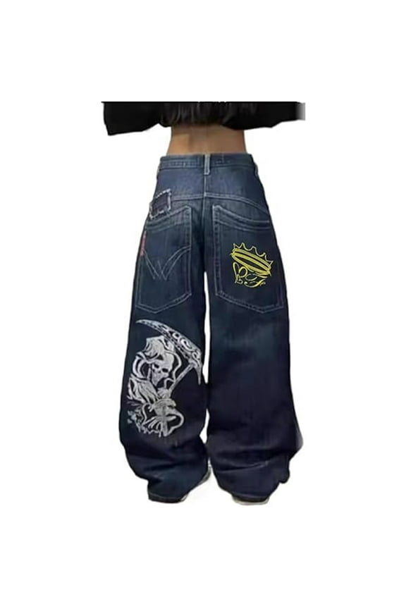 Baggy Jeans Y2K Unisex Y2K Hip Hop Street Jeans with Skeleton Print Gothic Baggy Jeans Vintage High Waist Denim Wide Leg Pants Mid Rise Cotton Baggy Jeans Wide Leg Baggy Jeans Woman(M)