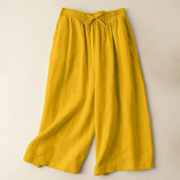 YLHFASHION Cotton Linen Wide Leg Pants Women'S Summer Thin High Waisted Slim Casual Pants Yellow- Women Blendingpants (M)