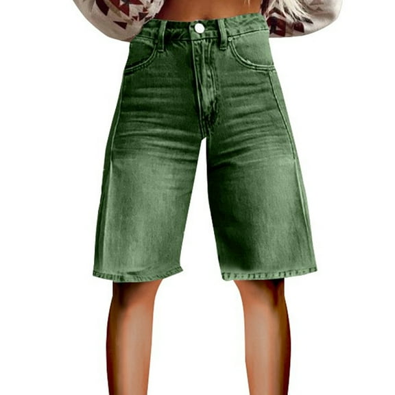 YLHFASHION Flare Denim Shorts For Women Wide Leg Denim Shorts Woman Vintage Floral Print High Waisted Straight Pants A Green With Pockets