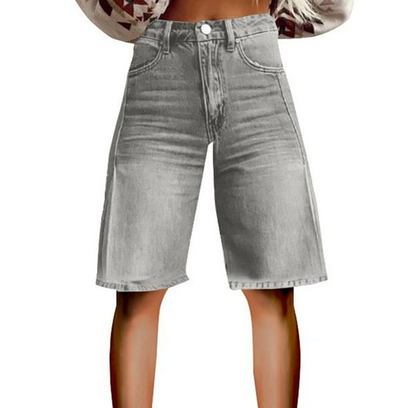 YLHFASHION Flare Denim Shorts For Women Wide Leg Denim Shorts Woman Vintage Floral Print High Waisted Straight Pants A Silver With Pockets