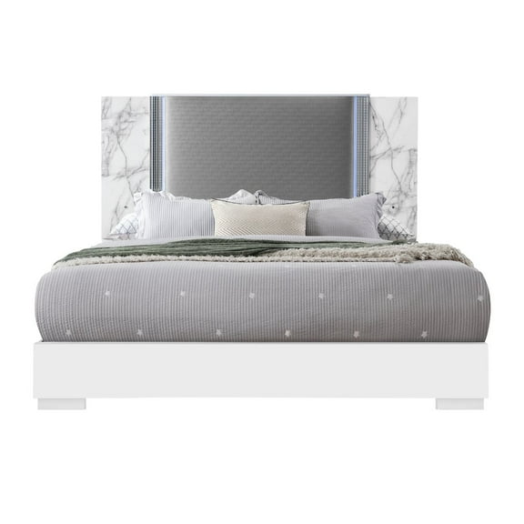 Global Furniture USA Modern Ylime White Marble King Bed Fully Slatted With Led, White