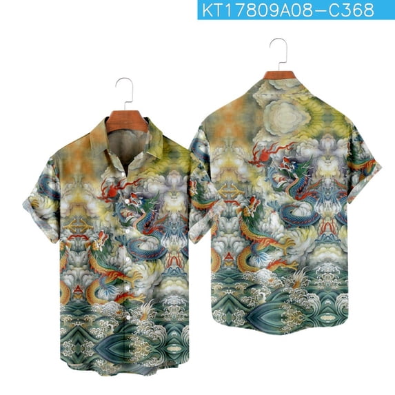 YLLMHH Dragon Printed Shirts Men Beach Party Blouse Men's Clothing Street Harajuku Oversized Shirts