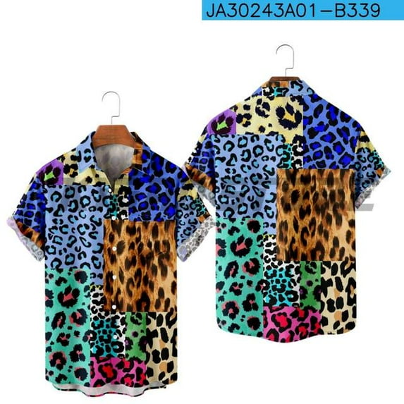 YLLMHH Men Stitched Leopard Harajuku Color Block Turndown Outdoor Street Short Sleeve Shirt 5XL