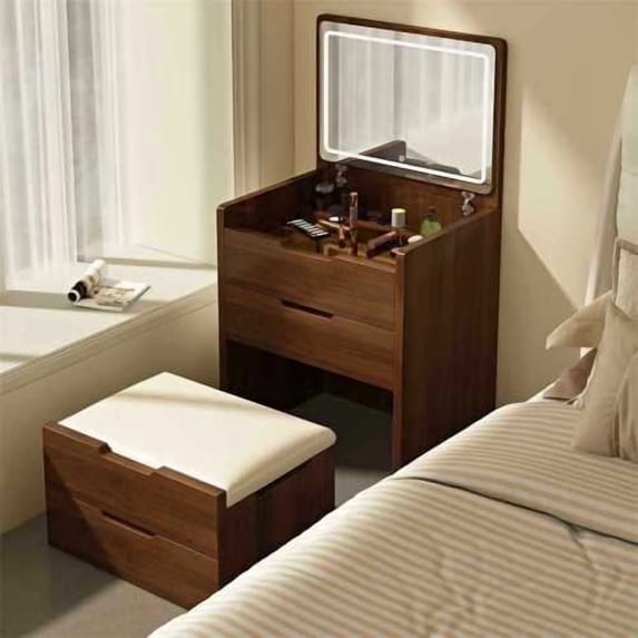 YLLN 3-in-1 Small Makeup Vanity - Flip-up 3-Color Lighting Mirror, 3 Drawers, Cushioned Stool, Compact Desk