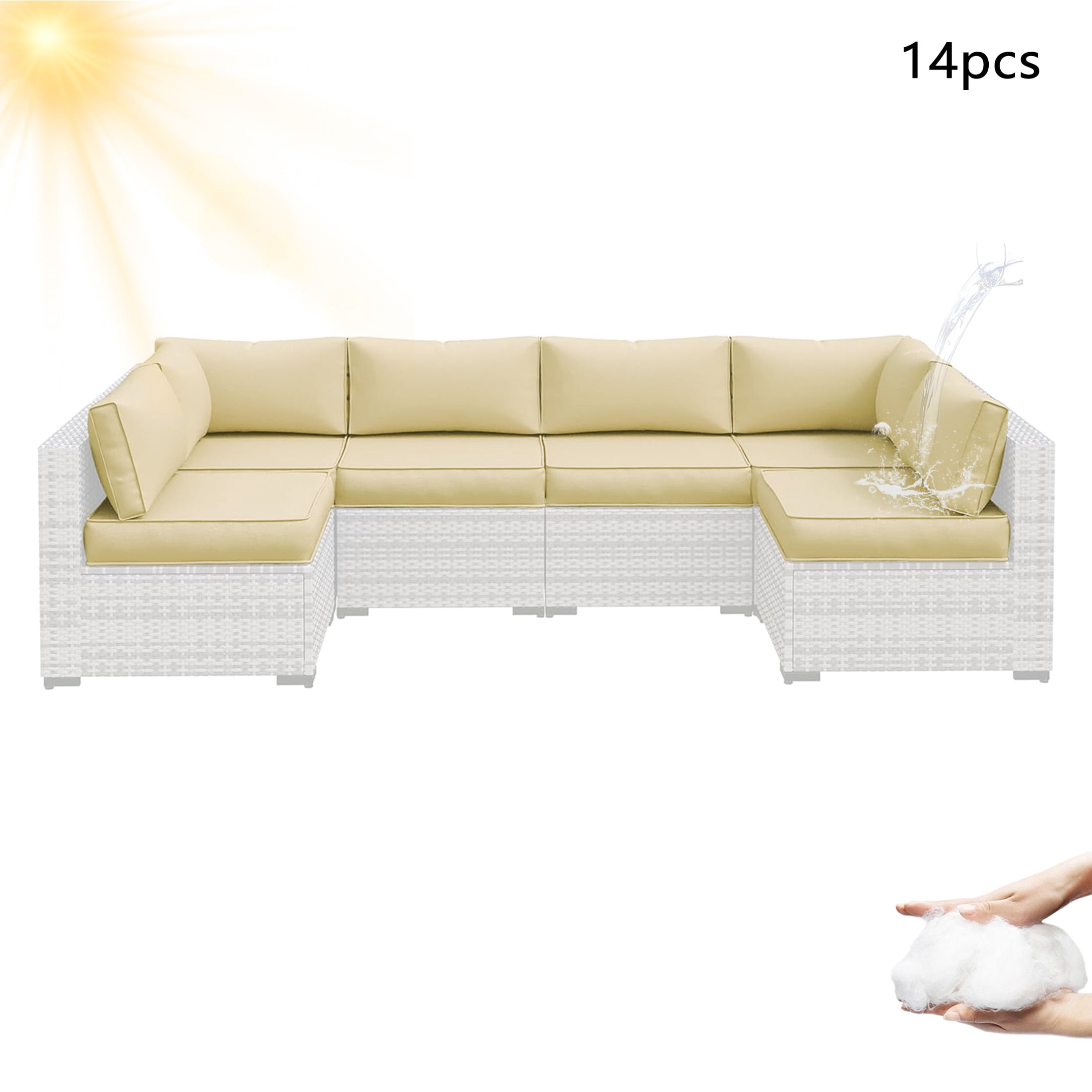 YLLN 14-Piece Sofa Cushion Set, 4in Thick Replacement Cushions For Outdoor Furniture, Water-Resistant Patio Outdoor Sectional Cushions, For 6-Seat Sectional Patio Conversation