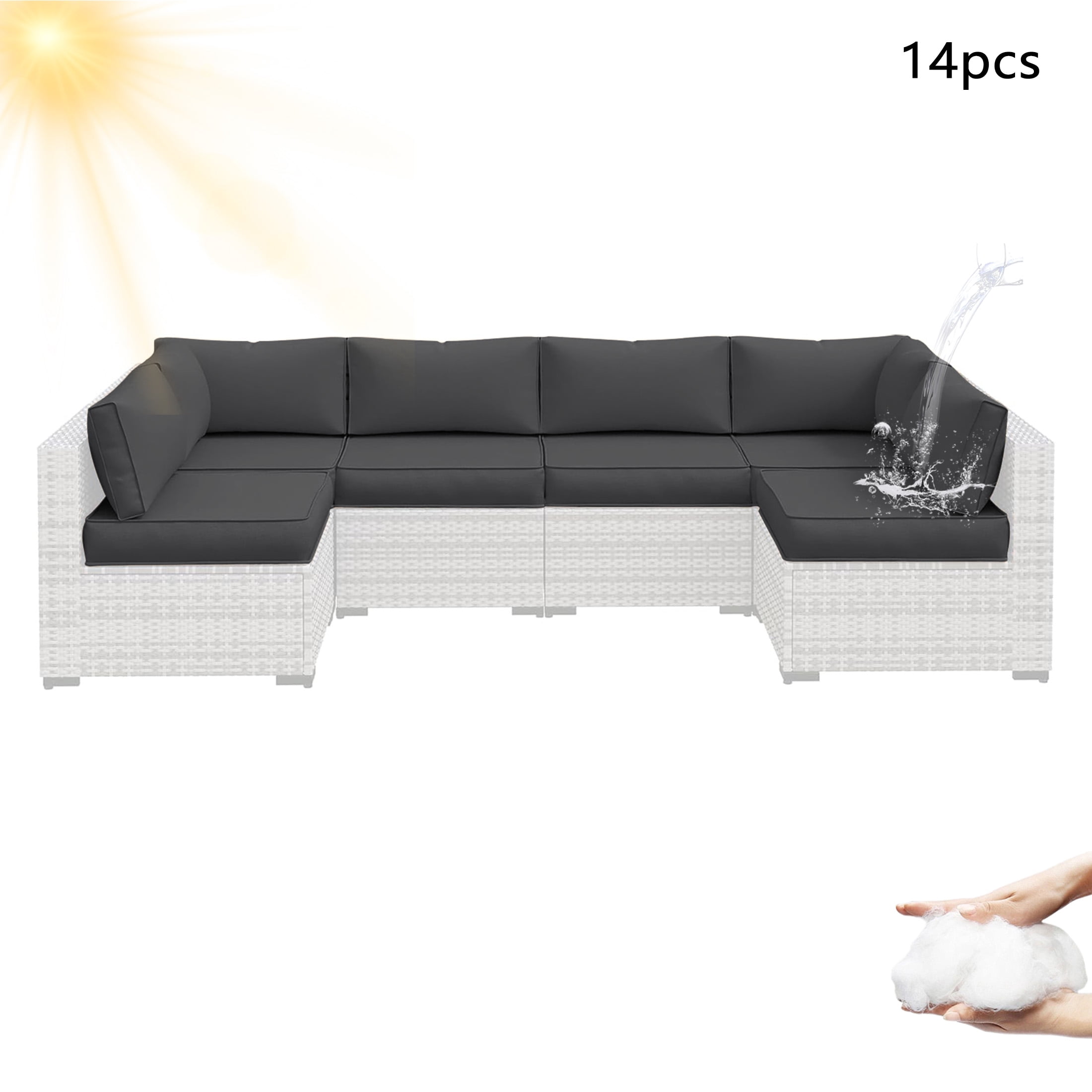 YLLN 14-Piece Sofa Cushion Set, 4in Thick Replacement Cushions For Outdoor Furniture, Water-Resistant Patio Outdoor Sectional Cushions, For 6-Seat Sectional Patio Conversation