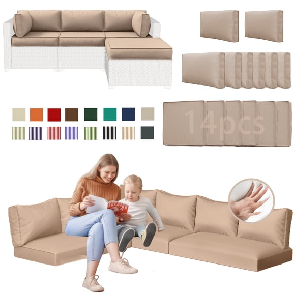 YLLN 14-Piece Sofa Cushion Set, 4in Thick Replacement Cushions For Outdoor Furniture, Water-Resistant Patio Outdoor Sectional Cushions, For 6-Seat Sectional Patio Conversation