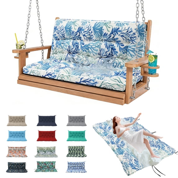 YLLN Porch Swing Cushions With Backrest, 4" Thicken Waterproof Outdoor Bench Cushion, Patio Swing Cushion Replacement, For Outdoor Indoor Garden Furniture, Only Cushion(40" x 63",Blue Leaf)