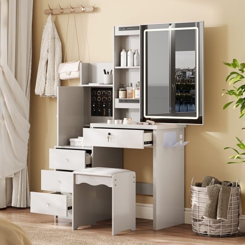 YLLN Vanity Desk Set with Sliding Lighted Mirror, Makeup Dressing Table with 4 Drawers & 9 Storage Spaces, Hidden Compartments and Cushioned Stool, White Beauty Furniture for Bedroom