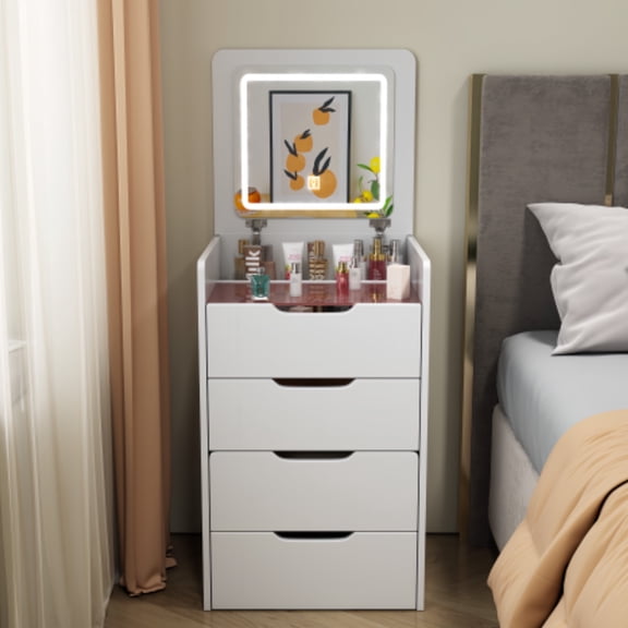 YLLN elegant white vanity desk with drawers & lights - 3-color makeup vanity mirror with stool - stylish white desk for beauty