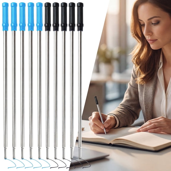 YLOHUIL Ballpoint Pen Refills, 10 Pack 1mm Metal Pen Tips, Black and Blue Ink Screw in Refills for Round Ballpoint Pens, Smooth Writing Replacement Cartridges