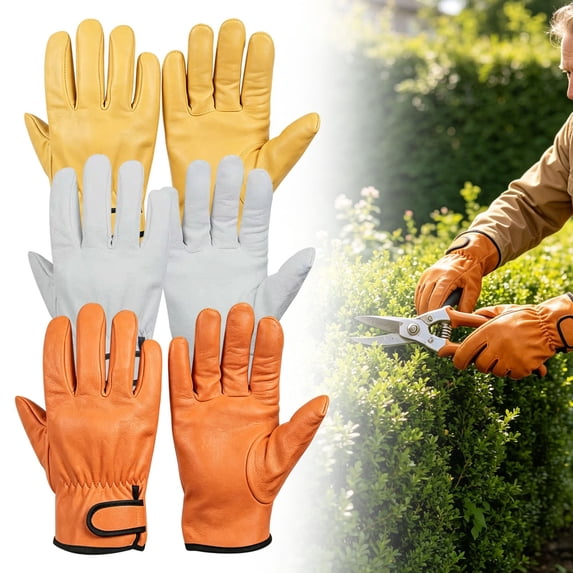 YLOHUIL Cowhide Work Gloves, Thorn Proof Gardening Gloves for Men and Women, Breathable Leather Protective Gloves for Construction Driving and Yard Work, One Size