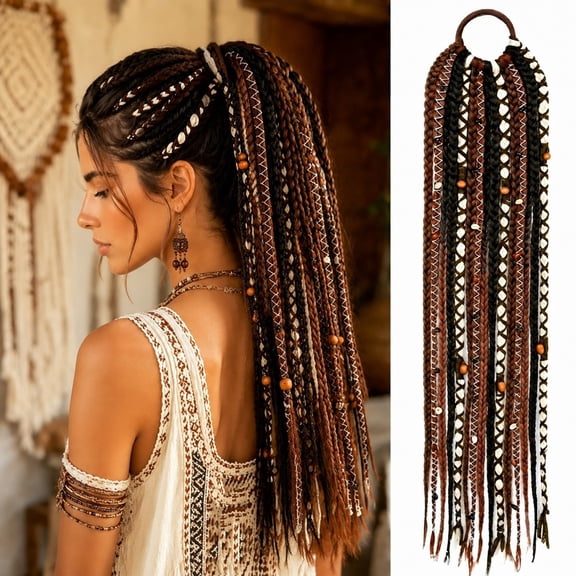 YLOHUIL Ponytail Extension Dreadlock Clip In, Long Braided Ponytail with Beads for Women, Synthetic Hair Pony Tails Extensions for Parties and Festivals