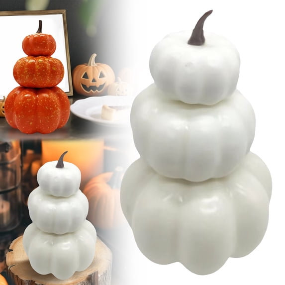 YLOHUIL Stacked Pumpkin Decoration Set, 3 Tier Artificial Cracked Pumpkins for Fall, Lifelike Thanksgiving Halloween Centerpiece Display