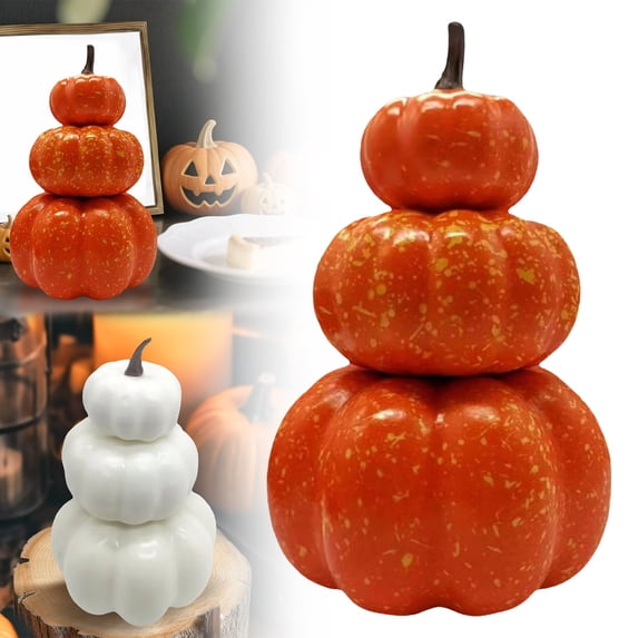 YLOHUIL Stacked Pumpkin Tower Decor, 3 Tier Artificial Cracked Pumpkin Set for Fall, Lifelike Thanksgiving Halloween Table Centerpiece Display