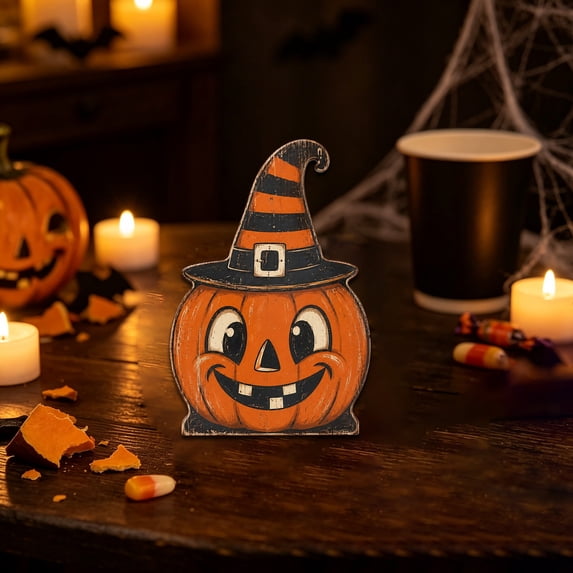 YLOHUIL Vintage Wooden Halloween Figurine, Rustic Pumpkin Shelf Sitter for Fall, Retro Tabletop Decor for Desk, Mantel, and Seasonal Display