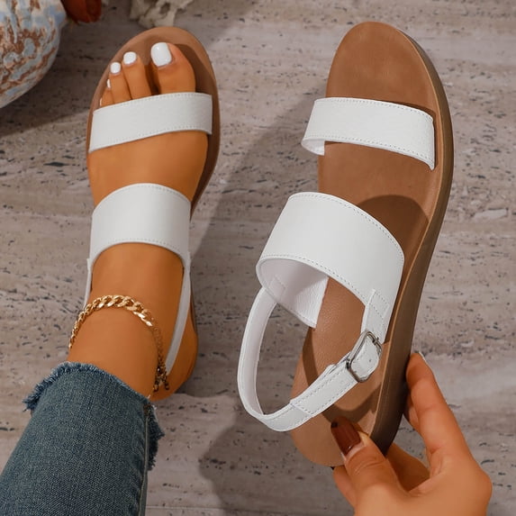 YLOMAY Comfortable Sandals for Women Ankle Strap Dressy Casual Flat Sandals Open Toe Elastic Strappy Walking Shoes for Summer Beach Party White 6.5