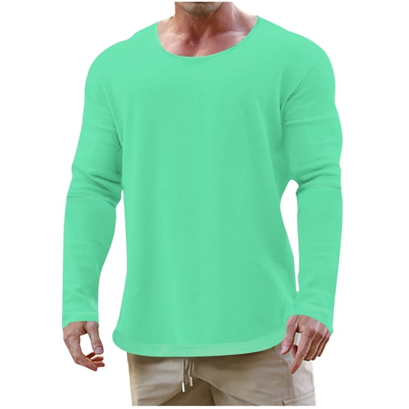 YLSDL Men's Scoop Neck Long Sleeve T-Shirt Slim Fit Basic Tee Curved Hem Solid Color Pullover Tops Mint Green M