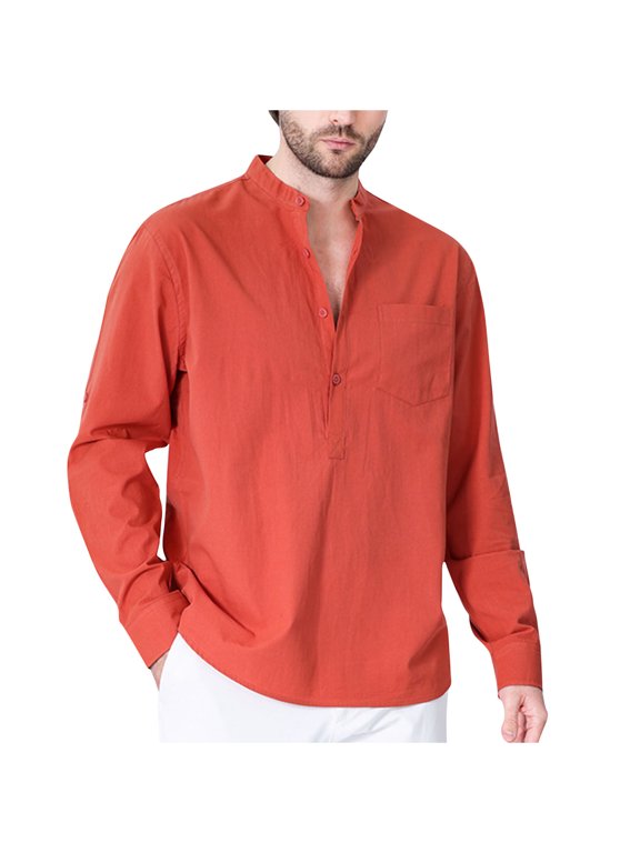 YLSDL 2024 Men's Chinese Style Long Sleeve Linen Shirt Button Down Mandarin Collar Solid Loose Fit Tunic Dress Shirts with Pocket Red XXXL