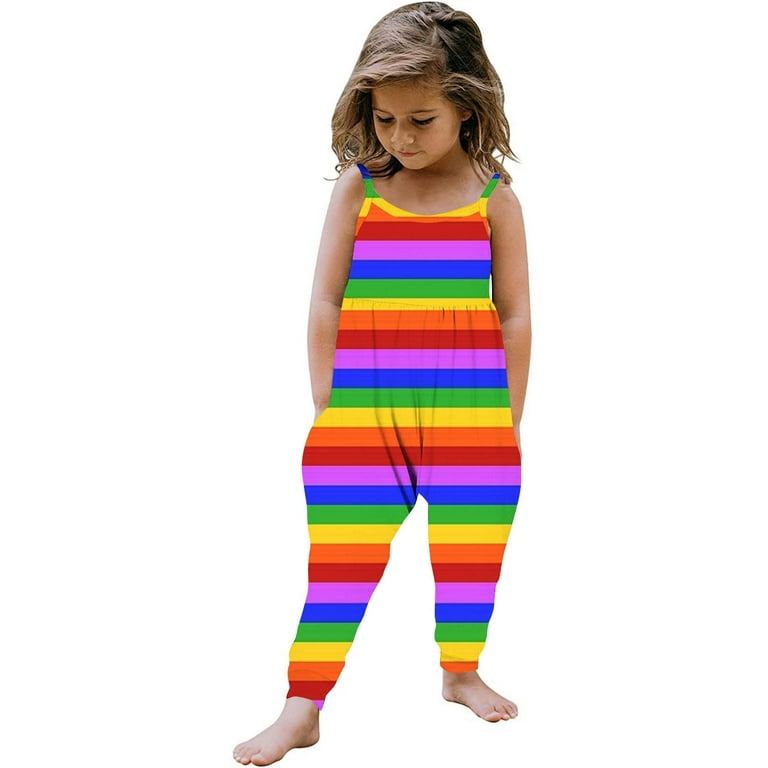 YLSDL Baby Backless Strap Slouch Jumpsuit for Toddler Girls Cute Rainbow Stripe Print Halter Romper Pants with Pockets Sleeveless BodySuits Blue 4 Years Walmart