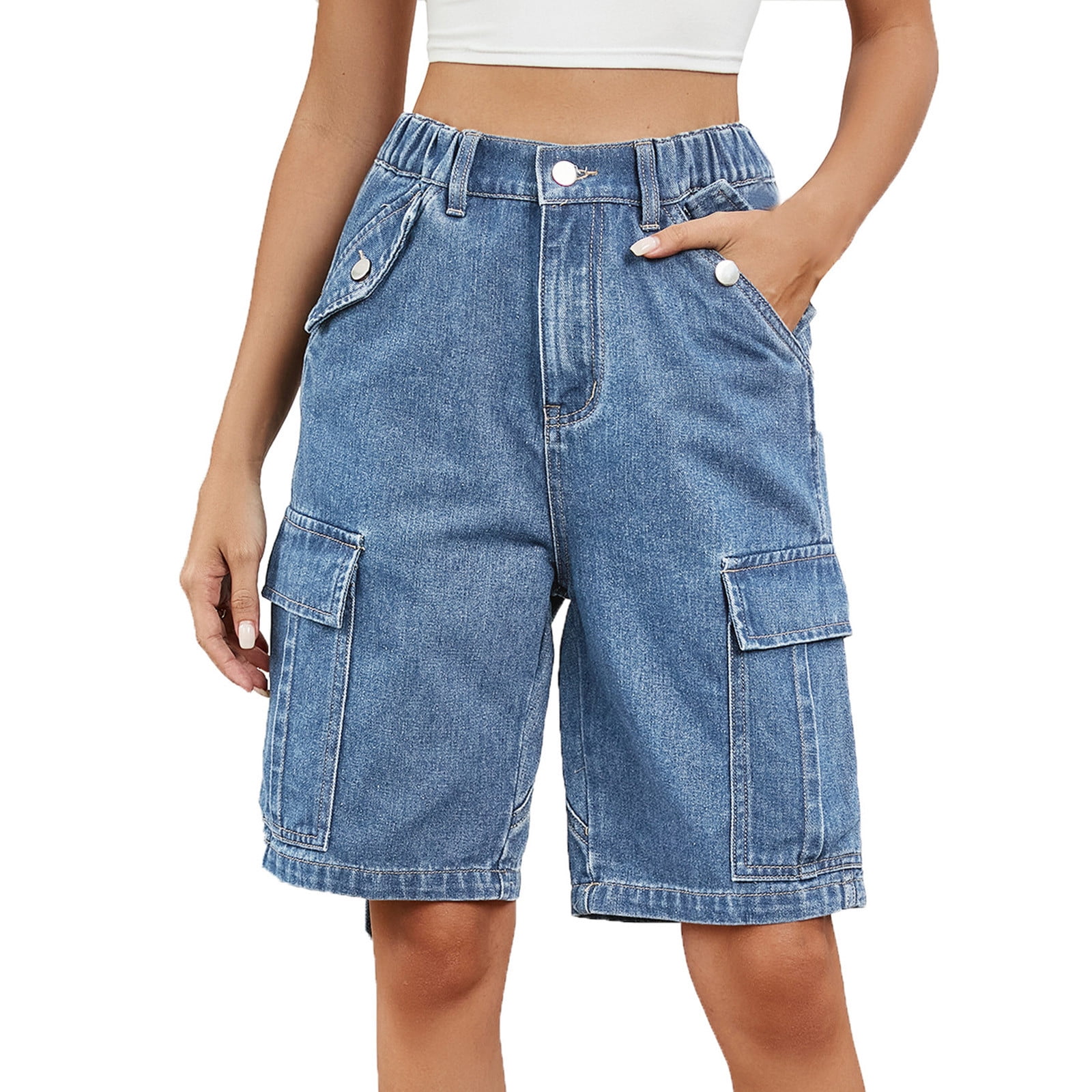 YLSDL Cargo Jeans Shorts for Womens High Waisted Denim Shorts Summer Zip  Button Waist Cut Off Washed Casual Shorts with Pockets Blue 4 - Walmart.com