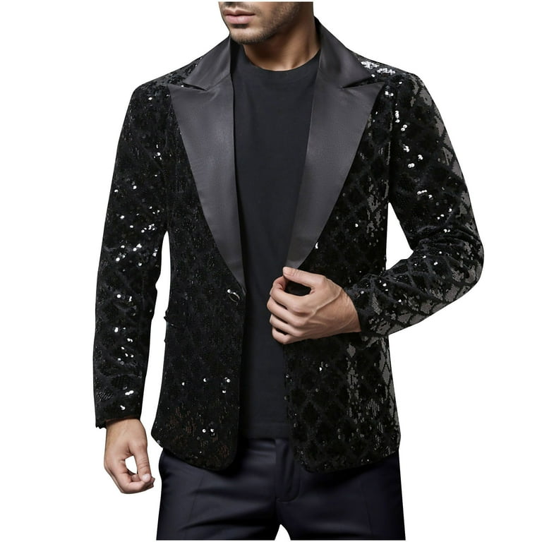 YLSDY Clearance 2024 Men s Sequin Blazer Jacket Party Club Wear Shiny Suit Sport Coat One Button Slim Fit Tuxedo Black S
