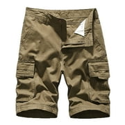 YLSDL Deals Men's Active Normal Waist Loose Multi-Pocket Versatile Twill Cargo Shorts Button Zipper Relaxed Solid Summer Casual Beach Shorts Pants Khaki 12