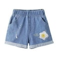 thumbnail image 1 of YLSDL Girl's Summer Denim Shorts Cotton Cartoon Egg Print High Waist Elastic Waistband Loose Fit Short Jeans Bottoms Blue 5 Years, 1 of 3