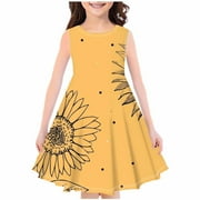 YLSDL Girls Summer Sleeveless Dress Sunflower Print Loose Fit A-Line Dresses Beach Party Dresses for Kids 2-6 Years Yellow 160